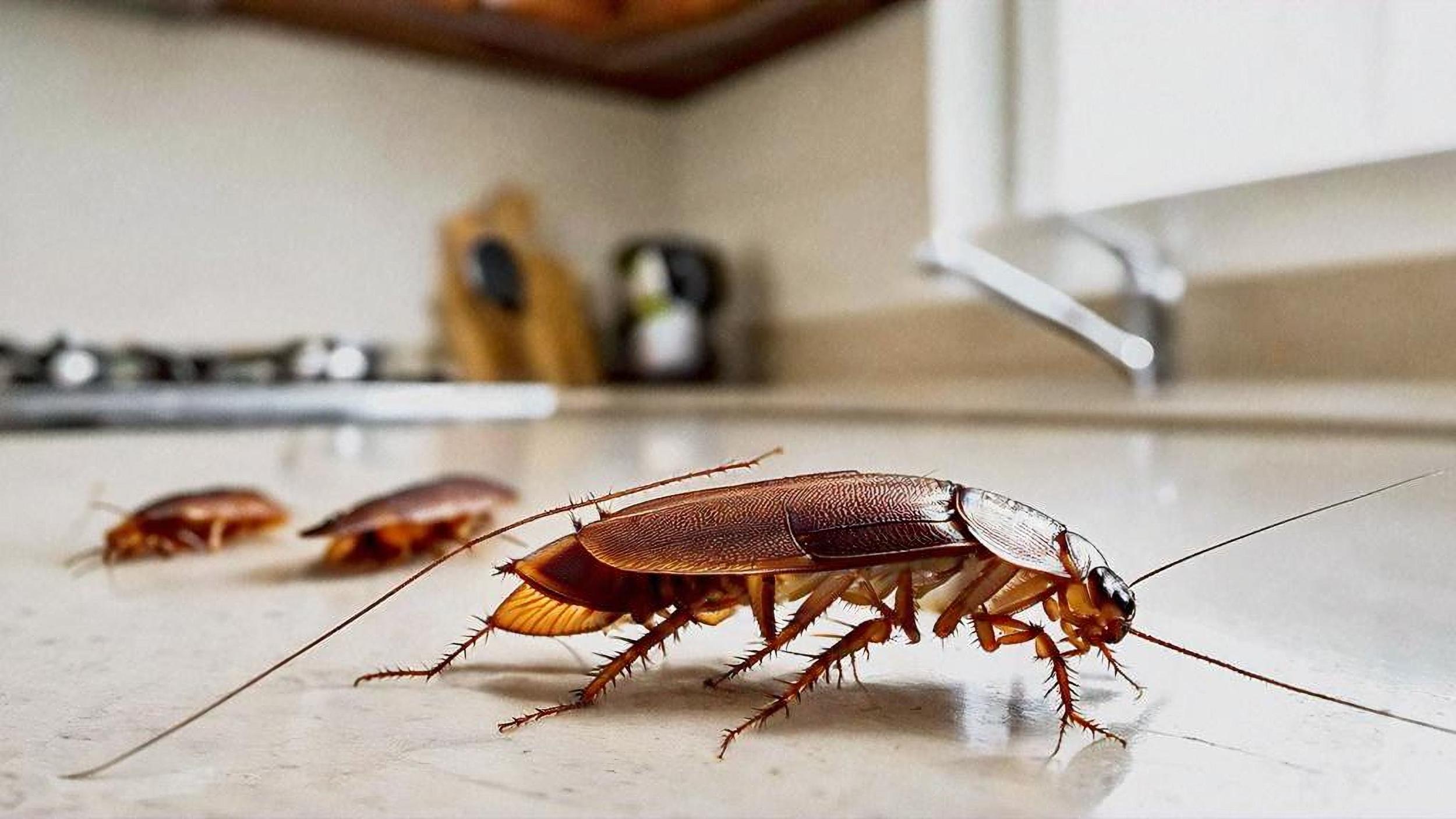 Photo d’un cafard de maison à proximité d’un évier de cuisine