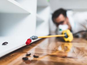 Schädlingsbekämpfer in Arbeitskleidung mit einem Pestizid-Sprühgerät